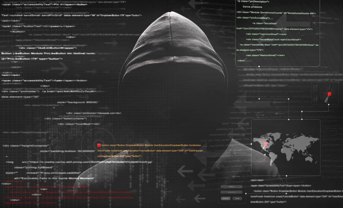 A threatening hooded figure depciting a hacker on a dark background with computer code